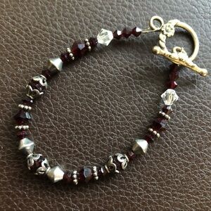 Elegant Silver and Red Beaded Bracelet